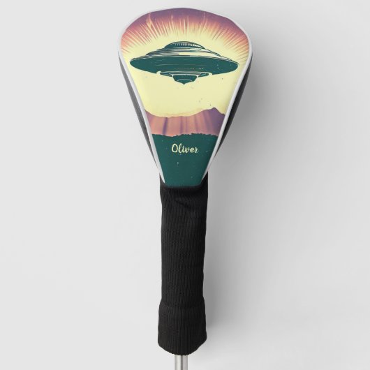 Retro  UFO bij zonsondergang gepersonaliseerd Golfheadcover (Voorkant)