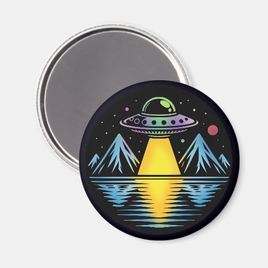 Retro UFO in de bergen Reflecteren in het water Magneet (Voorkant / Achterkant)