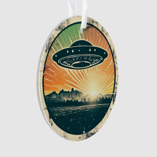 Retro  ufo in zonsondergang ornament (voorkant)
