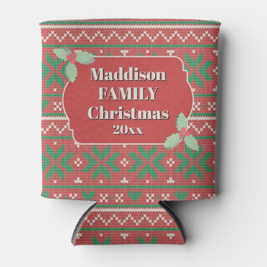 Retro Ugly Christmas Sweater Red Green Holly Blikjeskoeler (Voorkant)