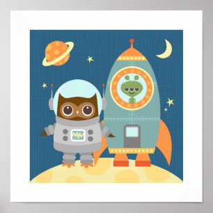 Retro Uil Ruimte Poster Print