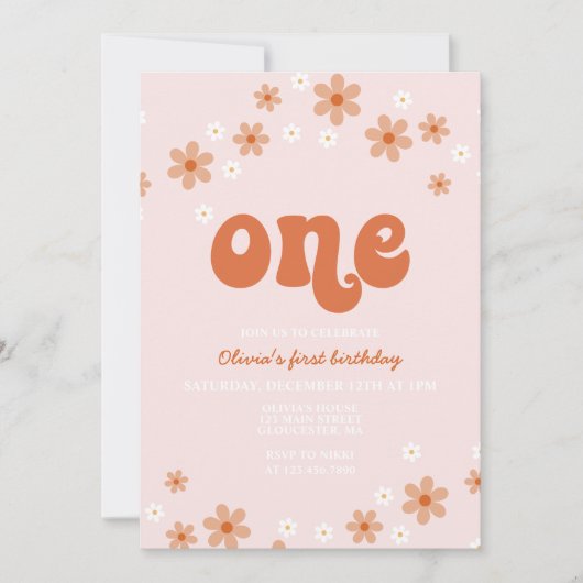 Rétro une daisy boho première invitation d'anniver (Devant)