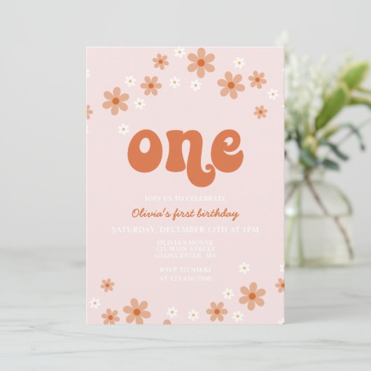 Rétro une daisy boho première invitation d'anniver (Debout devant)