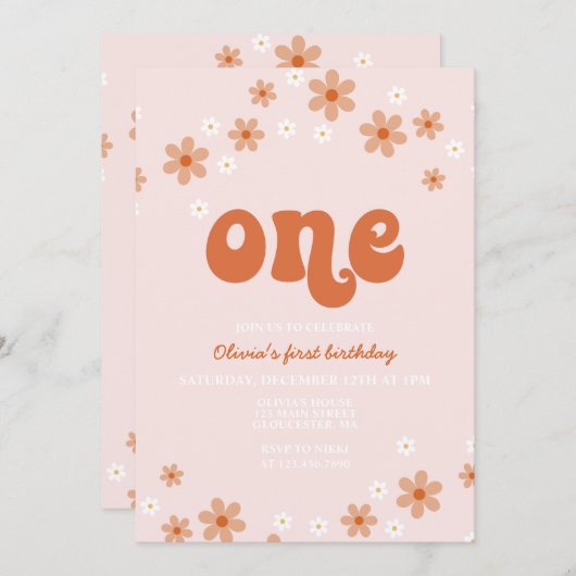 Rétro une daisy boho première invitation d'anniver (Devant / Derrière)