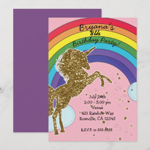 Retro Unicorn Rainbow & Gold Stars Birthday Party Kaart