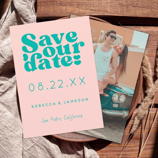 Retro Union Pink and Blauwgroen Wedding Save The Date
