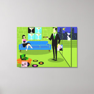 Retro Urban Cartoon Paar Uitgerekt Canvas Print