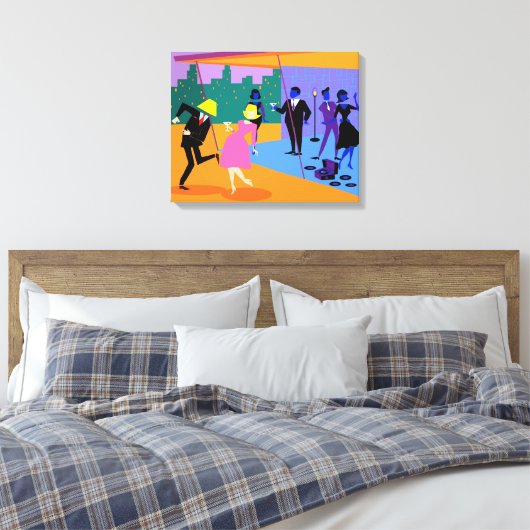 Retro Urban Rooftop Party Uitgerekte Canvas Print (Insitu (Slaapkamer))