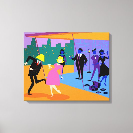 Retro Urban Rooftop Party Uitgerekte Canvas Print (Voorkant)