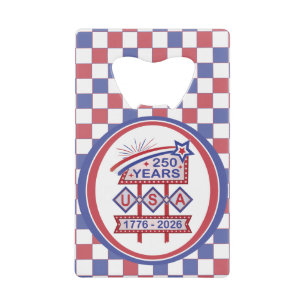 Retro USA 250e verjaardag Marquee Bord 1776-2026 Kredietkaart Flessenopener