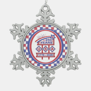 Retro USA 250e verjaardag Marquee Bord 1776-2026 Tin Sneeuwvlok Ornament