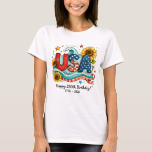 Retro USA 250e verjaardag zonnebloem & golf grafis T-shirt