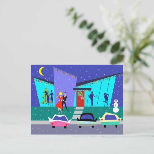 Retro Vakantie Cartoon Feest Kerstfeest Briefkaart (Staand voorkant)