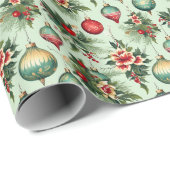Retro Vakantie Ornamenten en Bloemen Kerstmis Cadeaupapier (Rol Hoek)