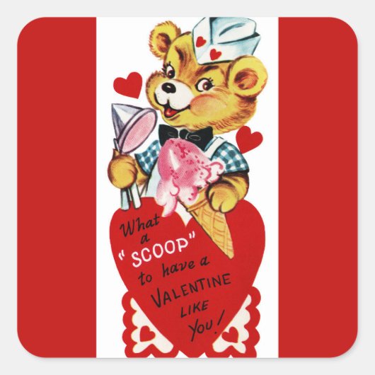 Retro Valentijn Beer en Ice Cream Vierkante Sticker (Voorkant)