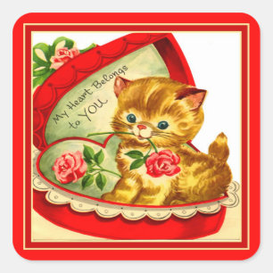 Retro Valentijn ~ Kitten in een Box Sticker