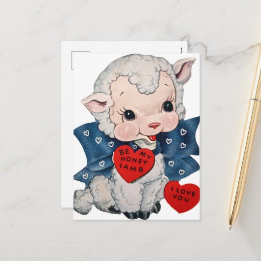 Retro Valentijn lammeren Feestdagenkaart (Voorkant / Achterkant in situ)
