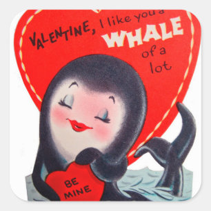 Retro Valentijn walvis Vakantisticker Vierkante Sticker