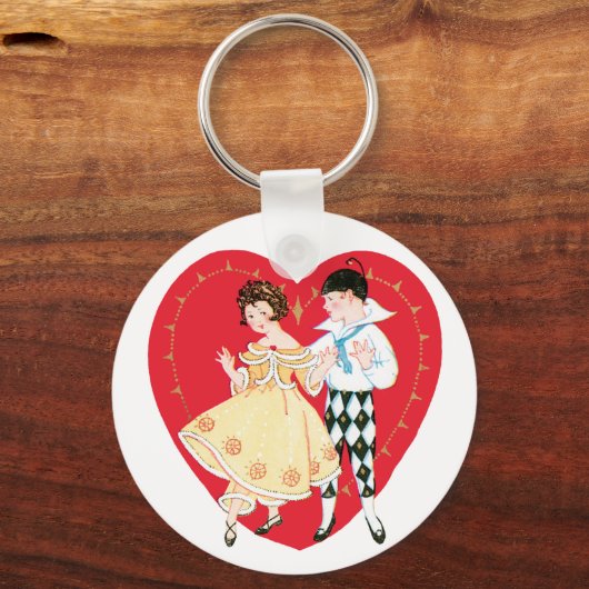 Retro Valentijnsdag,  harlekijn en hart Sleutelhanger (Voorkant)