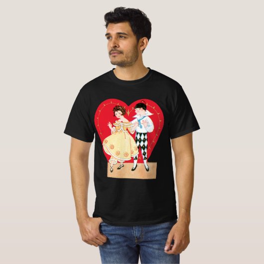 Retro Valentijnsdag, harlekijn en hart T-shirt (Voorkant volledig)