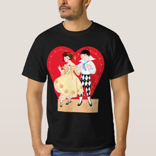 Retro Valentijnsdag,  harlekijn en hart T-shirt (Voorkant)