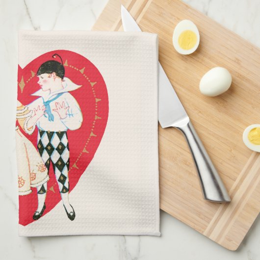 Retro Valentijnsdag,  harlekijn en hart Theedoek (Quarter Fold)