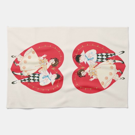 Retro Valentijnsdag,  harlekijn en hart Theedoek (Horizontaal)