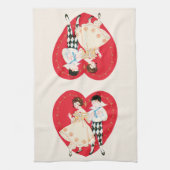 Retro Valentijnsdag,  harlekijn en hart Theedoek (Verticaal)