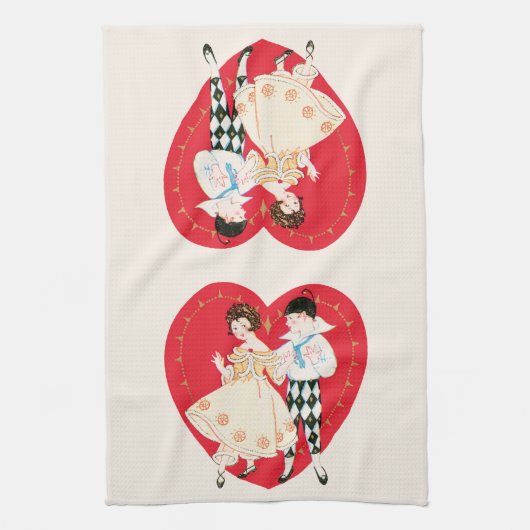 Retro Valentijnsdag,  harlekijn en hart Theedoek (Verticaal)