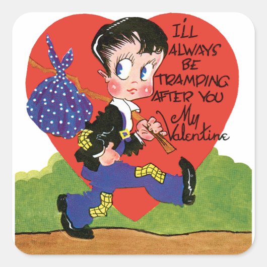 Retro Valentijnsdag,  Hobo Boy Hart Vierkante Sticker (Voorkant)