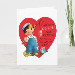 retro Valentijnsdag, jongen Vist harten Feestdagen Kaart
