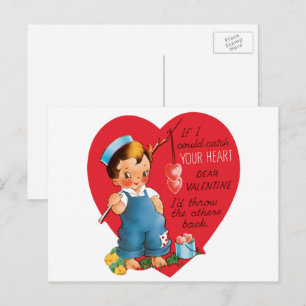 retro Valentijnsdag, jongen Vist harten Feestdagenkaart