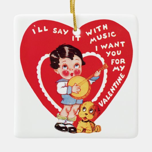 Retro Valentijnsdag, Jongensmuziek Banjo Keramisch Ornament (Voorkant)