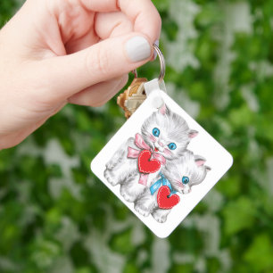 Retro Valentijnsdag katten, Vintage cute kitten Sleutelhanger
