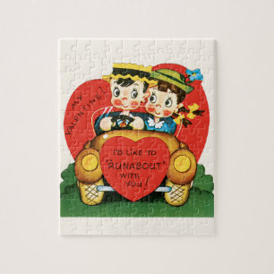 Retro Valentijnsdag, meisje en jongen in de auto Legpuzzel
