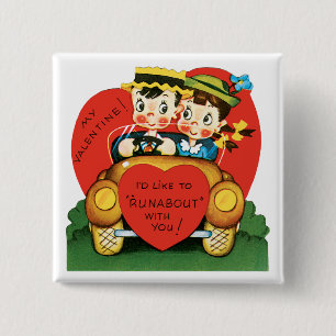 Retro Valentijnsdag, meisje en jongen in de auto Vierkante Button 5,1 Cm