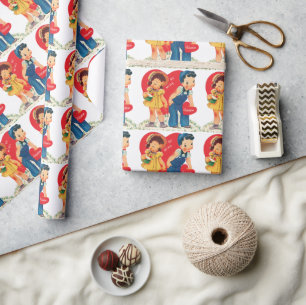 Retro Valentijnsdag, meisje en jongensharten Cadeaupapier