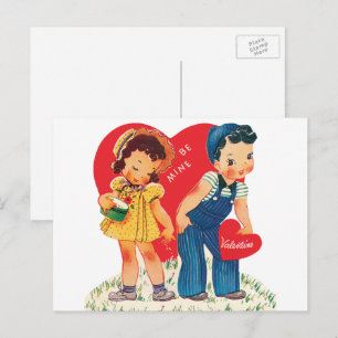 Retro Valentijnsdag,  meisje en jongensharten Feestdagenkaart