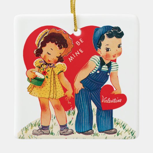 Retro Valentijnsdag, meisje en jongensharten Keramisch Ornament (Voorkant)