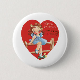 Retro Valentijnsdag, Meisje op een hek Ronde Button 5,7 Cm