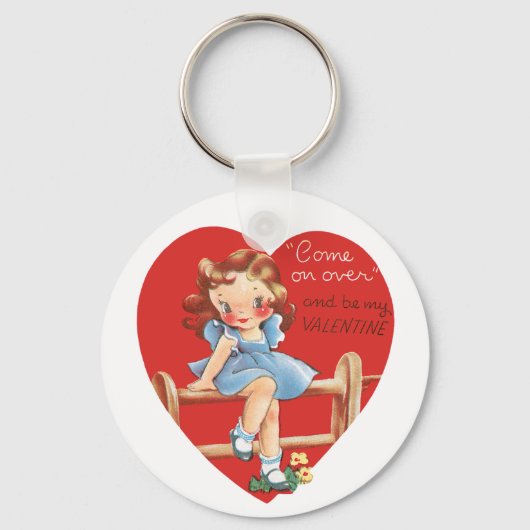  Retro Valentijnsdag, Meisje op een hek Sleutelhanger (Voorkant)