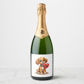 Retro Valentijnsdag Puppy Hond Valentijnsdag  Sparkling Wijnetiket