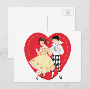 Retro Valentijnsdag, Vintage Harlekijn en Hart Feestdagenkaart