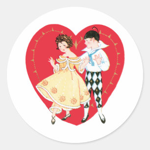 Retro Valentijnsdag, Vintage Harlekijn en Hart Ronde Sticker