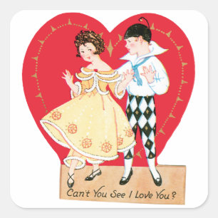 Retro Valentijnsdag, Vintage Harlekijn en Hart Vierkante Sticker