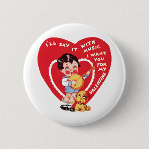 Retro Valentijnsdag, Vintage jongensmuziek Banjo Ronde Button 5,7 Cm