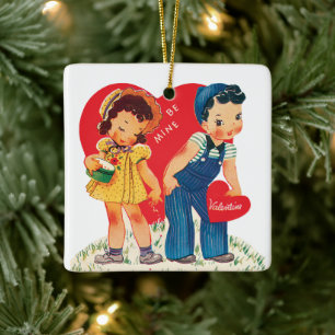 Retro Valentijnsdag, Vintage Meisje en Jongen Hart Keramisch Ornament