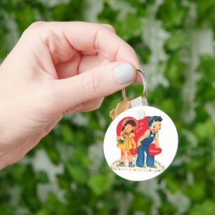 Retro Valentijnsdag, Vintage Meisje en Jongen Hart Sleutelhanger