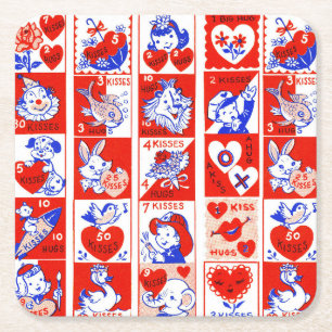 Retro Valentijnstempelpatroon uit de jaren 50 Kits Vierkante Kartonnen Onderzetter