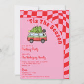 Retro Van Red Pink Checkerboard kerstfeest Kaart (Voorkant)